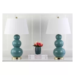 (Set Of 2) 28" Pamela Triple Gourd Ceramic Lamp Marine Blue (Includes CFL Light Bulb) - Safavieh