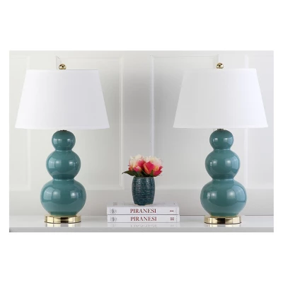 (Set Of 2) 28" Pamela Triple Gourd Ceramic Lamp Marine Blue (Includes CFL Light Bulb) - Safavieh