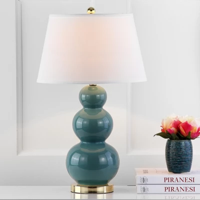 (Set Of 2) 28" Pamela Triple Gourd Ceramic Lamp Marine Blue (Includes CFL Light Bulb) - Safavieh - Image 2