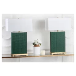 (Set Of 2) 27.8" Joyce Faux Woven Leather Table Lamp (Includes CFL Light Bulb) Dark Green - Safavieh
